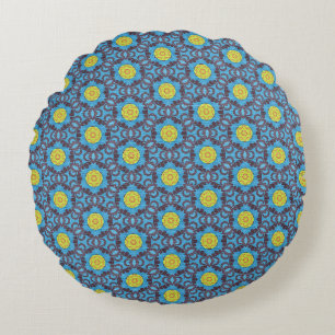 MVB Retro Blue Pattern with Yellow Flower Design Round Pillow