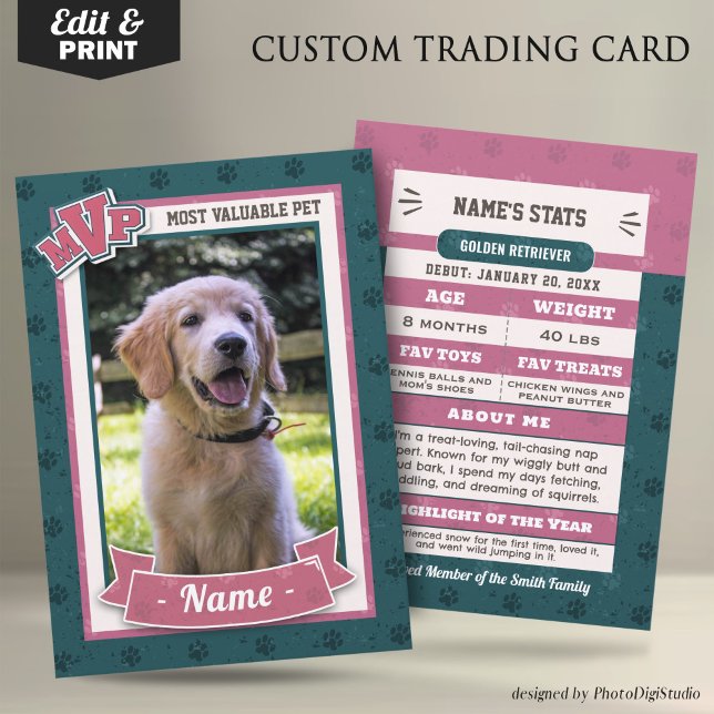 MVP Custom Pet Trading Cards Fun Dog Trading Card  (MVP Custom Pet Trading Card, Clasic Pink and teal Card, Therapy Dog Trading Card Template and Print)