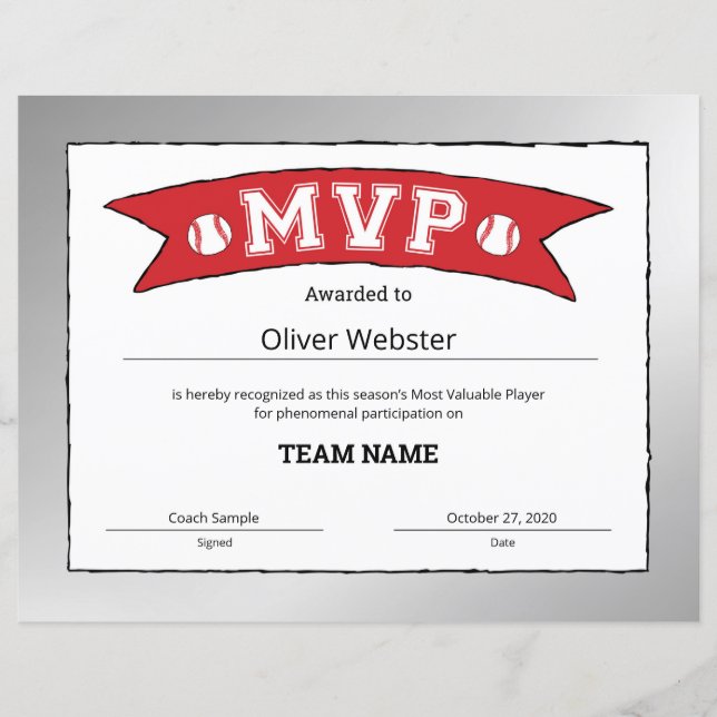 MVP Player - MVP Certificates Baseball Certificate (Front)
