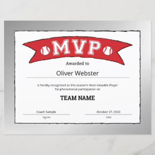 MVP Player - MVP Certificates Baseball Certificate