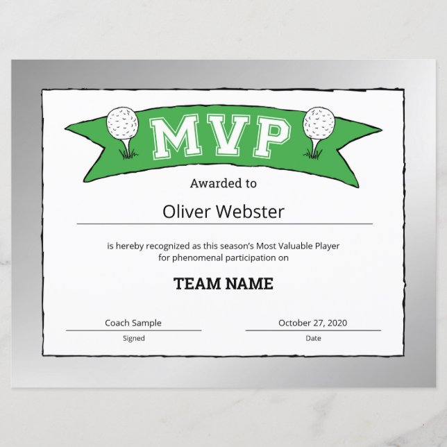MVP Player - MVP Certificates - Golf Certificates (Front)