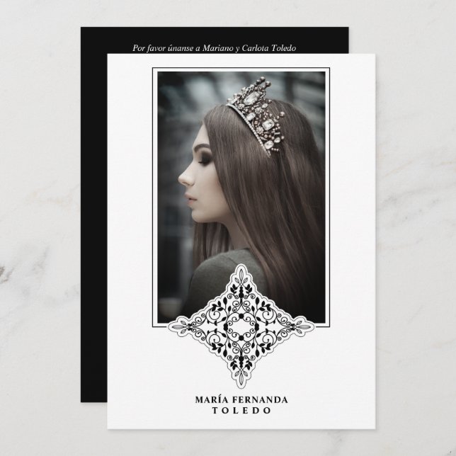 My 15 Years Spanish Photo Black Lace Effect Invitation (Front/Back)