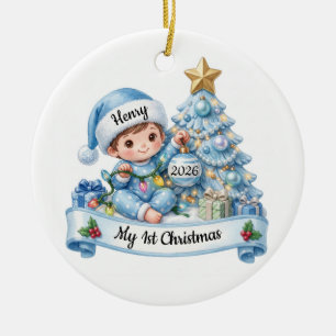 My 1st Christmas 2026 Boy Custom Name Blue Ceramic Ornament