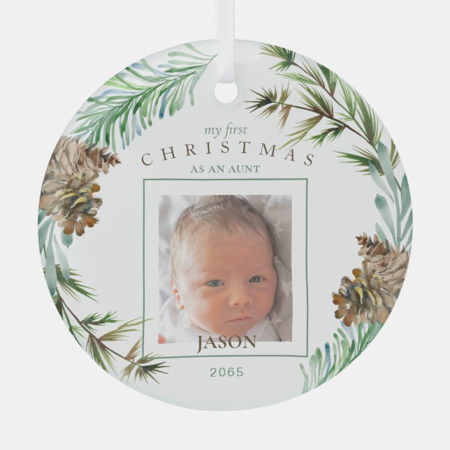My 1st Christmas As An Aunt Name Foliage Photo  Glass Ornament (Front)