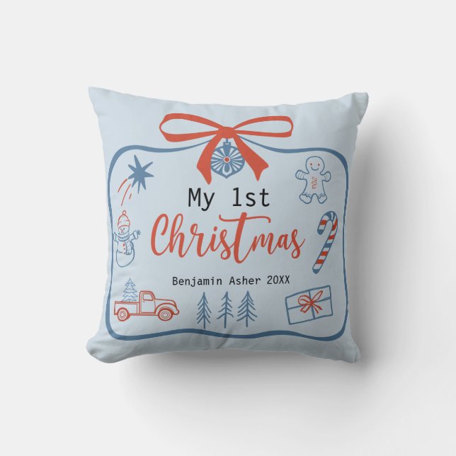 My 1st Christmas Baby Boy Personalized Throw Pillow (Front)