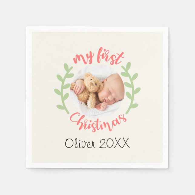 My 1st Christmas Baby Name PHOTO Wreath Holiday  Napkin (Front)