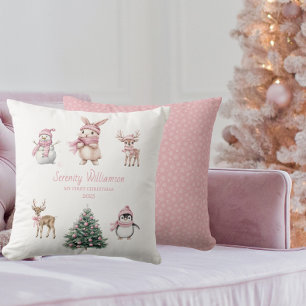 My 1st Christmas Custom Baby Girl Woodland Throw Pillow