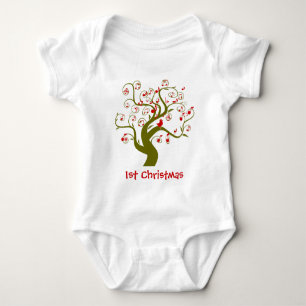 My 1st Christmas Cute Bird Swirl Tree Baby Bodysuit