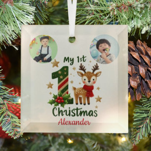 My 1st Christmas Little Reideer Photo Glass Ornament
