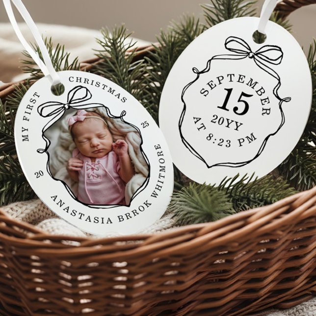 My 1st Christmas Scribble Bow Baby Photo Keepsake Metal Ornament (Creator Uploaded)