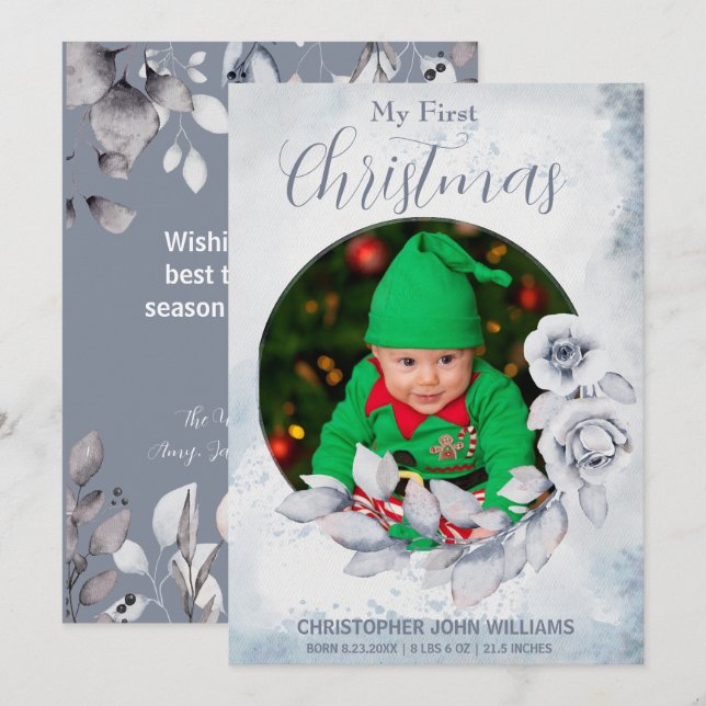 My 1st Christmas Silver Floral Baby Photo Holiday (Front/Back)