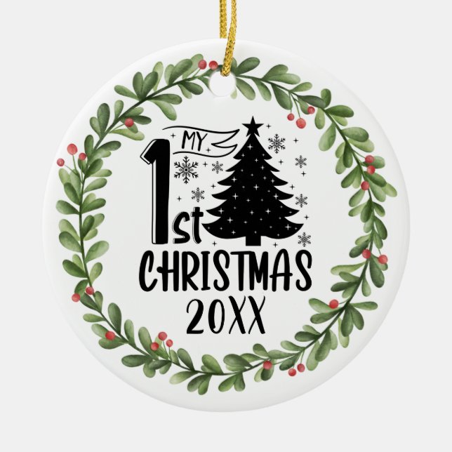 My 1st Christmas Watercolor Wreath  Ceramic Ornament (Front)