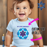 My 1st Hanukkah blue - customizable Baby Bodysuit<br><div class="desc">Happy Hanukkah in shades of blue with yellow menorah and David's star in a background. Colourful candles. Great as a gift  for baby's 1st Hanukkah.
Custom name and date. Change or delete.

Wishing you happy Hanukkah!</div>