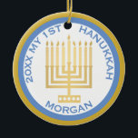 My 1st Hanukkah Photo Blue Gold Personalized Ceramic Ornament<br><div class="desc">Personalize this cute blue and gold MY 1ST HANUKKAH ornament for a one of a kind keepsake. Upload your baby's photo on one side and add baby's name and the year on the other. The traditional blue and gold Hanukkah colours are highlighted by a simple gold tone Menorah in the...</div>