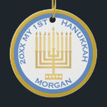 My 1st Hanukkah Photo Blue Gold Personalized Ceramic Ornament<br><div class="desc">Personalize this cute blue and gold MY 1ST HANUKKAH ornament for a one of a kind keepsake. Upload your baby's photo on one side and add baby's name and the year on the other. The traditional blue and gold Hanukkah colours are highlighted by a simple gold tone Menorah in the...</div>