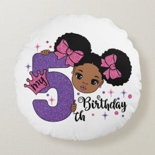 My 5th Birthday Black Girl Glitter Princess Design Round Pillow