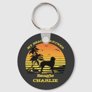 My Beach Partner Sunset Palm tree Beagle Keychain