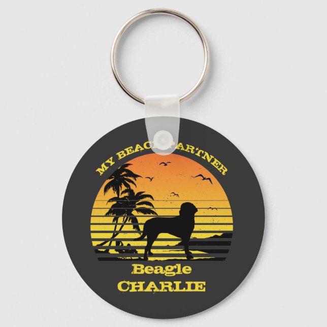 My Beach Partner Sunset Palm tree Beagle Keychain (Front)