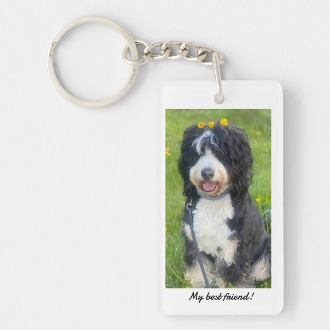 My best friend with Birdie the Bernedoodle Keychain (Front)