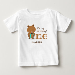 My Birthday Bear One Name First Birthday Baby T-Shirt