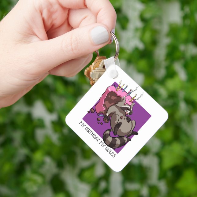My Birthday My Rules Cake Eating Raccoon Cartoon Keychain (Hand)