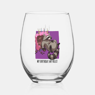 My Birthday My Rules Cake Eating Raccoon Cartoon Stemless Wine Glass