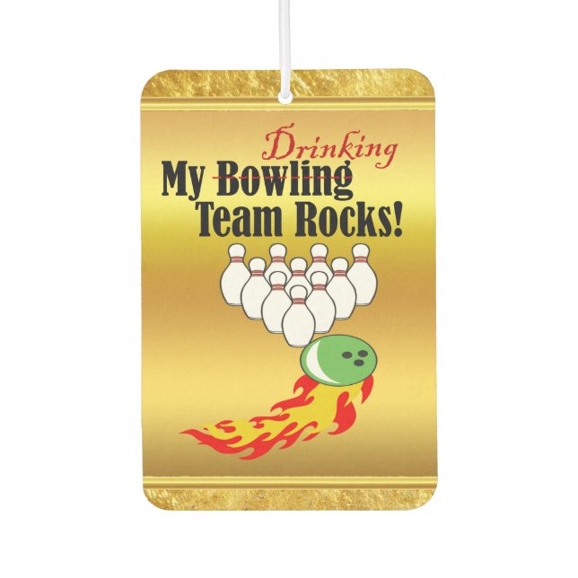 My bowling/drinking team rocks car air freshener (Front)