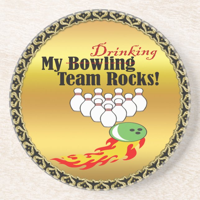 My bowling/drinking team rocks coaster (Front)