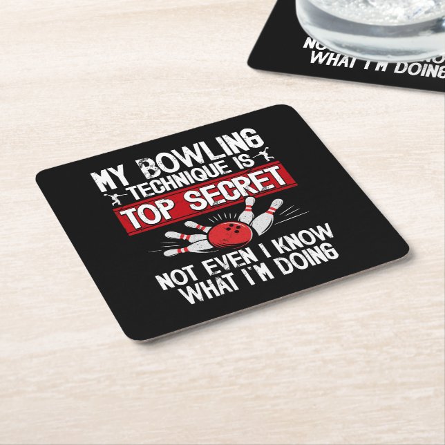 My Bowling Technique Is Top Secret Funny Bowling Square Paper Coaster (Angled)