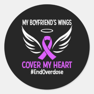My Boyfriend's Wings Cover My Heart Purple Ribbon Classic Round Sticker