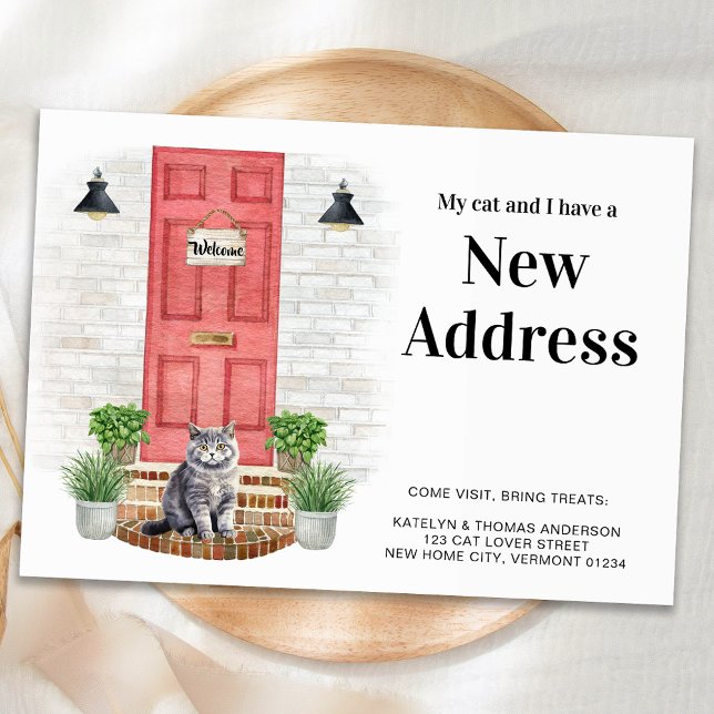 My Cat and I New Address Grey Cat Door Moving  Announcement Postcard (Creator Uploaded)