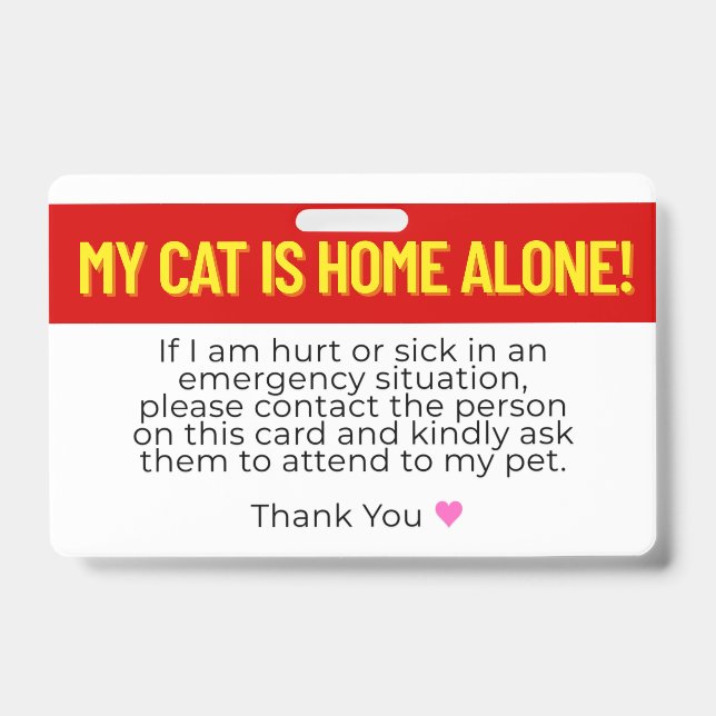 My Cat Is Home Alone Emergency Contact Card Badge (Front)