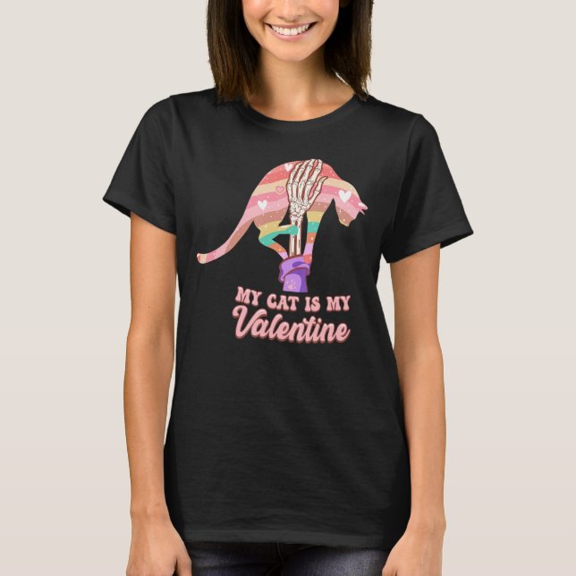 My Cat Is My Valentine Day Skeleton Cute Kitten Bo T-Shirt (Front)