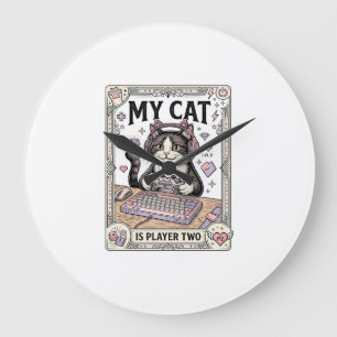 My Cat Is Player Two Cat Gamer Tech Vintage Vector Large Clock