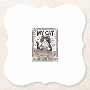 My Cat Is Player Two Cat Gamer Tech Vintage Vector Paper Coaster
