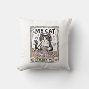 My Cat Is Player Two Cat Gamer Tech Vintage Vector Throw Pillow