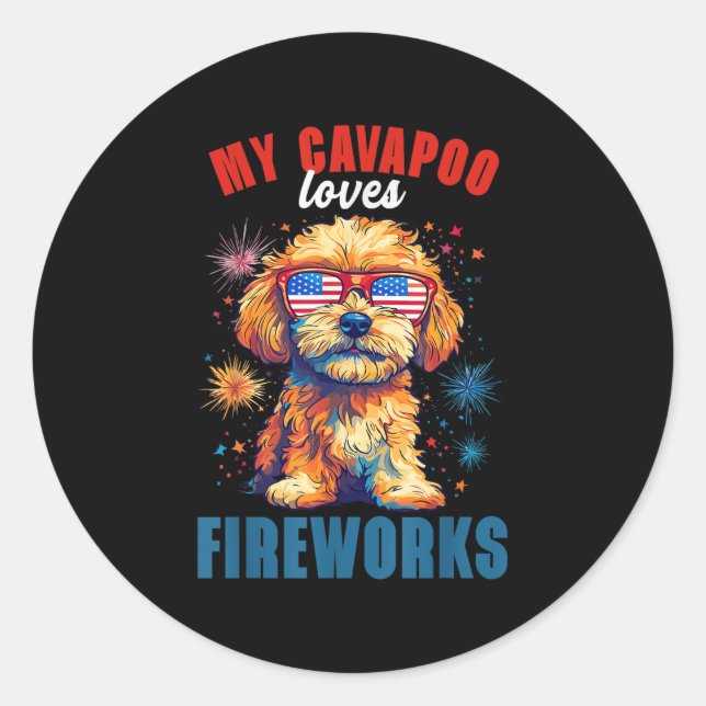 My Cavapoo Loves Fireworks 4th Of July Patriotic D Classic Round Sticker (Front)