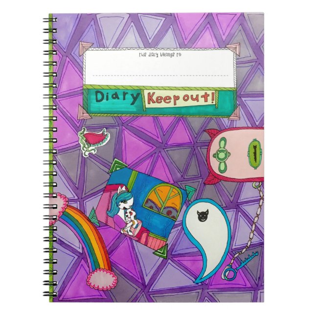 "My Diary - Keep Out!" Whimsical Purple Cartoon Notebook (Front)