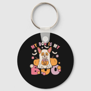 My Dog Is My Boo Groovy Vintage Corgi Halloween Keychain