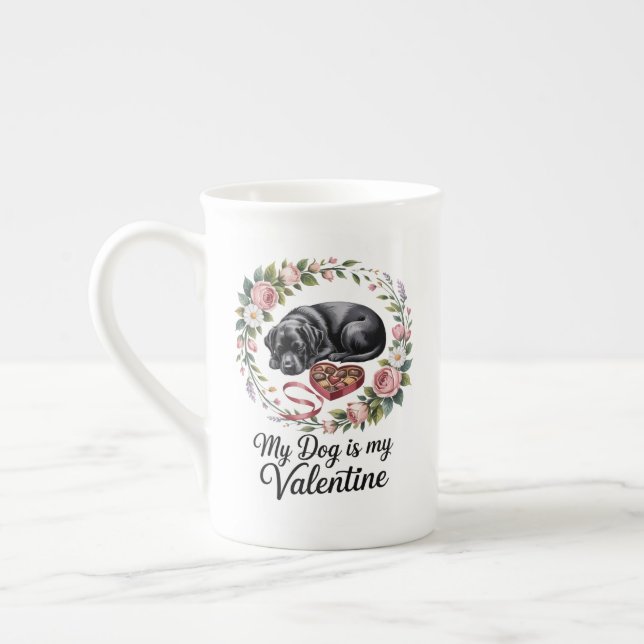 My Dog Is My Valentine Floral Puppy Lover Design Bone China Mug (Left)