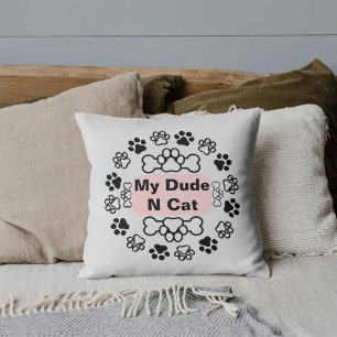 My Dude And Cat Funny Cute Modern Pet Paw Grey Throw Pillow