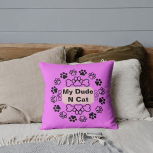 My Dude And Cat Funny Cute Modern Pet Paw Purple Throw Pillow