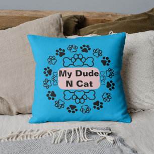My Dude And Cat Funny Retro Cute Modern Paw Blue Throw Pillow