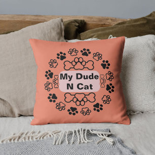 My Dude And Cat Funny Retro Cute Modern Paw Salmon Throw Pillow