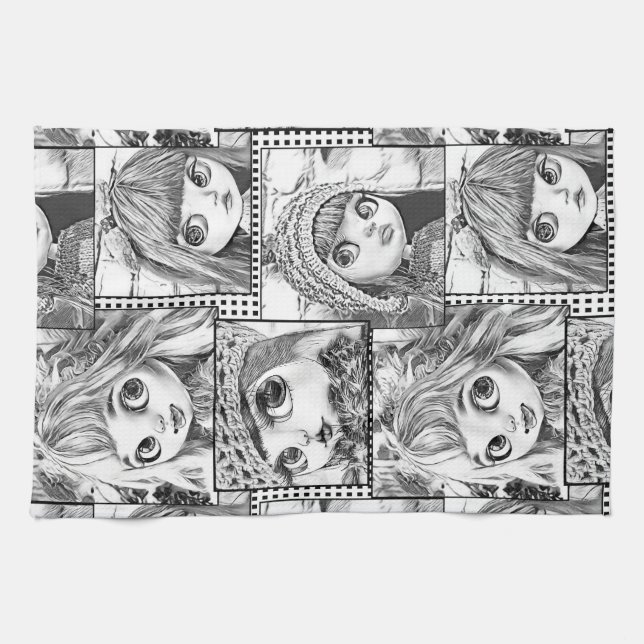 My favourite black and white patchwork dolls  kitchen towel (Horizontal)