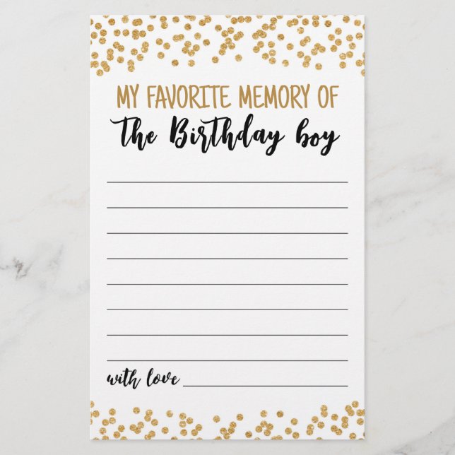 My Favourite memory of the Birthday boy Party game (Front)