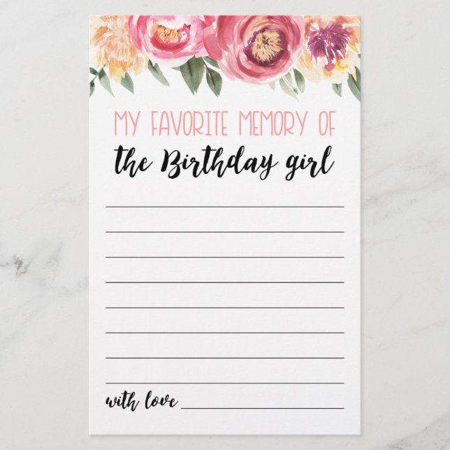 My Favourite memory of the Birthday girl Party gam (Front)