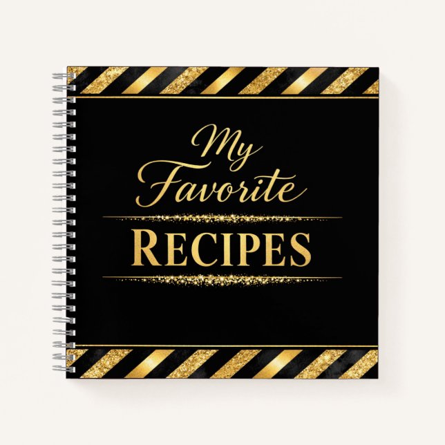 My Favourite Recipes - Black Gold Script CookBook Notebook (Front)