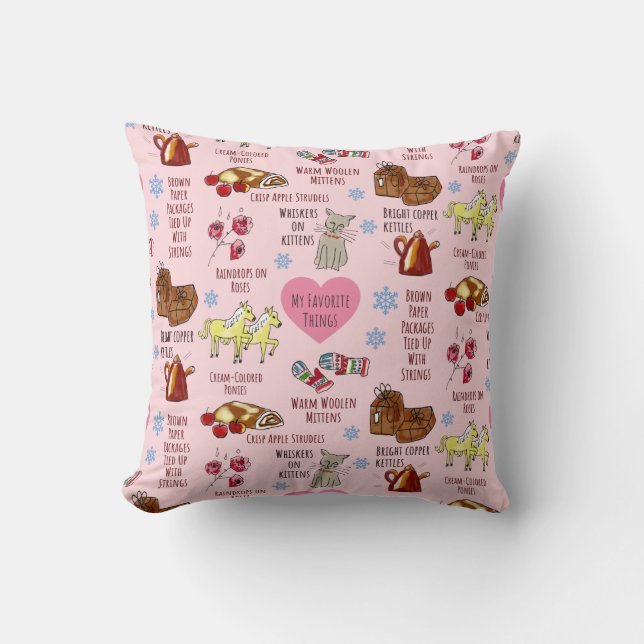 My Favourite Things Hand-Drawn Whimsical Pink Throw Pillow (Front)