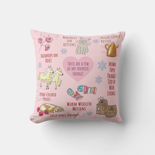 My Favourite Things Sound of Music Pink Hand Drawn Throw Pillow (Front)
